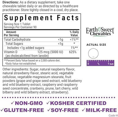 Bluebonnet Nutrition Earth Sweet Vitamin D3 5000 Iu Chewable Tablets Aids In Muscle & Skeletal Growth Non Gmo Gluten & Soy & Milk Kosher Raspberry White 90 Count