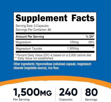 Nutricost Magnesium Taurate 1500Mg 240 Capsules Gluten Nongmo Vegan 80 Servings