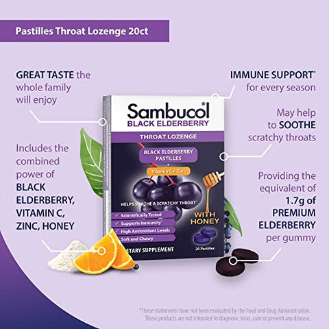 Sambucol Black Elderberry Throat Lozenge - With Black Elderbrry Vitamin C Zinc & Honey Soothes Scratchy Throats High Antioxidants Gluten-Free 20 Count