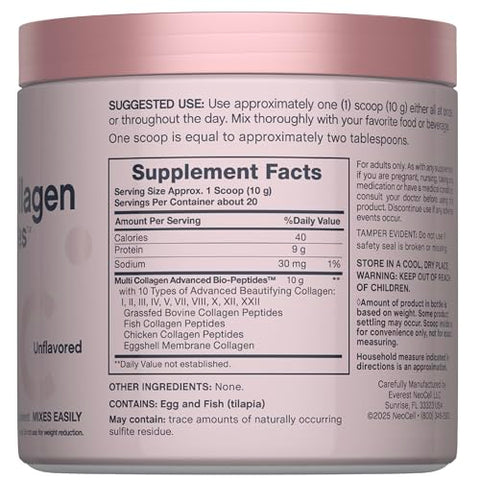 Neocell Multi Collagen Peptides Powder 7 Oz 10 Types Of Advanced Bio-Peptides Superior Absorption Unflavored And Mixes Easily