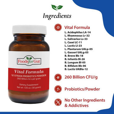 Foods For Gut Vital Formula 12 Strain Probiotics Powder 260 Billion Cfu 30 Grams | Digestive & Immune Support | High Potency