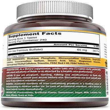 Amazing Formulas Ferrous Sulfate 65 Mg 240 Tablets -Iron As Ferrous Sulfate for Better Absorption- Supports Oxygen Supply to Tissues and Organs-Supports Healthy Brain and Muscle Function