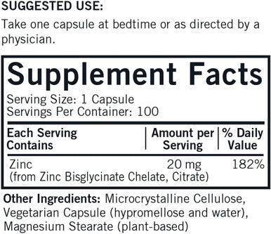Kirkman - Zinc 20Mg - 100 Capsules - Immune Support - High Absorption - Hypoallergenic