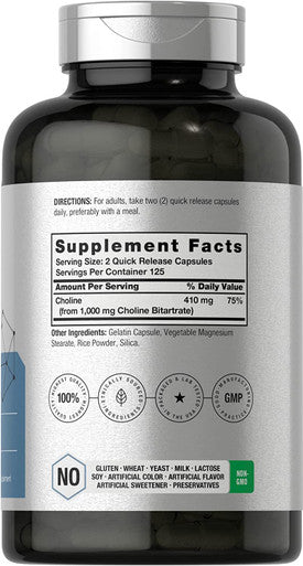 Choline Bitartrate | 1000mg | 250 Capsules | High Potency | Non-GMO, Gluten Free Supplement | by Horbaach