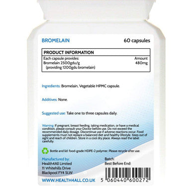 Bromelain 1200gdu 120 Capsules (V) . Purest- no additives. Vegan Capsules (not Tablets) for Inflammation, Swelling and Digestion. Made in The UK by Health4All