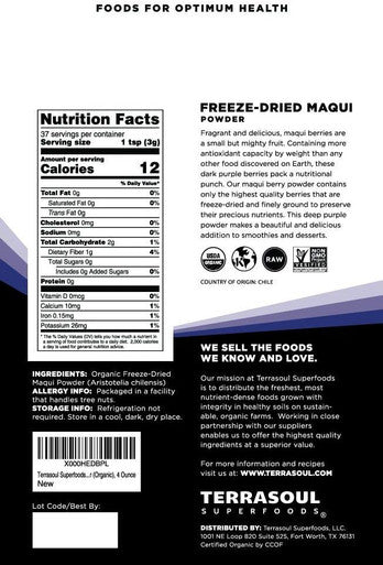 Terrasoul Superfoods Organic Maqui Berry Powder 4 Oz ze-Dried Antioxidant-Rich Superfood for Smoothies Desserts and Immune Support