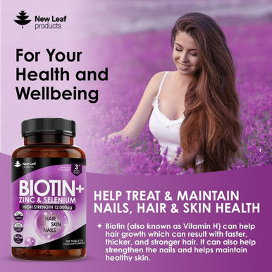 Biotin Hair Growth Vitamins 12,000Mcg D-Biotin Tablets Enriched With Zinc & Selenium Vegan Hair Skin & Nails Vitamins For Women And Men High Strength Hair Vitamins 6 Months Supply Uk Made - Leaf