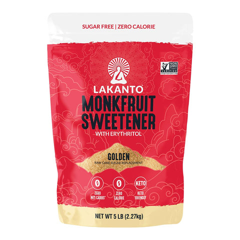 Lakanto Golden Monk Fruit Sweetener with Erythritol, Raw Cane, 5 lb | Raw Cane Sugar Substitute for Coffee, Tea, Baking, Smoothie, Sauce, Marinade, Zero Calorie, Keto, Zero Net Carbs