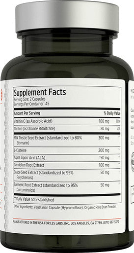 LES Labs Liver Support Liver Cleanse Healthy Liver Function Glutathione Production Detoxification Milk Thistle NAC ALA Dandelion 90 Capsules