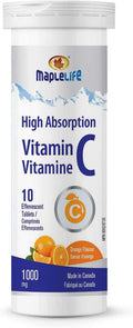 MapleLife High Absorption Vitamin C - 10 Effervescent Tablets, Orange Flavor, 1000 milligrams