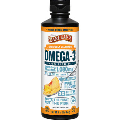 Barleans Mango Peach Omega 3 Fish Oil Supplements 1080mg of EPA/DHA 600 IU Vitamin D3 for Brain Heart Joint Immune Health Non GMO Gluten Free AllNatural Fruit Smoothie 16Ounce