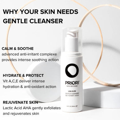 PRIORI Skincare Gentle Face Cleanser with Lactic Acid, Vitamins A, C, E Intense Hydration Light Exfoliation Women and Men All Skin Types Fragrance Free Dermatologist Tested 6 fl oz