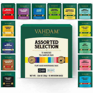 Vahdam Tea Variety Pack - 15 Pyramid Individually Wrapped Tea Bags For True Freshness & Flavour | Assorted Tea Sampler | Long Leaf Pyramid Tea Bags Variety Pack | s for Women & Men Tea Set