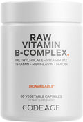 Codeage Raw Vitamin B-Complex Supplement - Essential B Vitamins with Probiotics Digestive Enzymes Fruits & Vegetables - 2-Month Supply - Methylfolate - Biotin - Vitamin B12 - Non-GMO - 60 Capsules