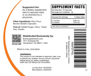 Bulksupplements.Com L-Citrulline Malate Capsules - L-Citrulline Dl-Malate 2:1, Citrulline Malate Supplement - Gluten Free, 8 Capsules Per Serving, 240 Capsules (Pack Of 1)
