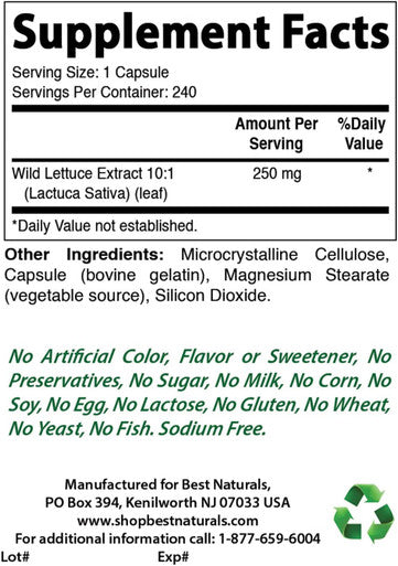 Best Naturals Wild Lettuce 10:1 Extract 250 mg (Equivalent to 2500 mg Wild Lettuce Powder) - 240 Capsules