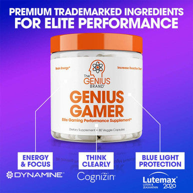 Genius Gamer Elite Gaming Nootropic Focus Brain Booster Supplement Boost Mental Clarity Reaction Time Energy Concentration Eye Vision Vitamins w/Lutein Support Eye Strain 80 Pills
