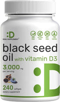 Deal Supplement Black Seed Oil 3000mg with Vitamin D3 2000IU 240 Softgels | Cold-Pressed Nigella Sativa Naturally Occurring Thymoquinone (TQ) | Immune Heart Joint & Bone Health Support
