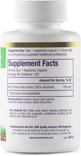 Paradise Herbs Milk Thistle | Active Whole Spectrum Extract | Vegan | NON-GMO | Gluten | 120 Vegetarian Capsules