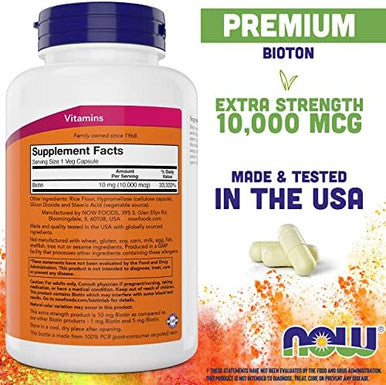 Now Foods Extra Strength Biotin 10000Mcg / 10 Mg 200 Count Hair Skin Nail Supplement For Men And Women B7 Vitamin Vegetarian Vegan Nongmo