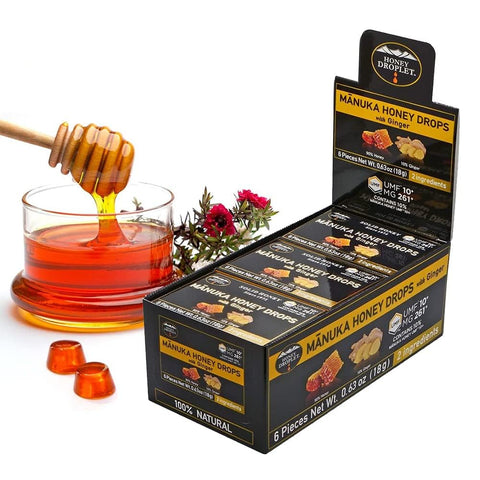 HONEY DROPLET] UMFÃ¢â€žÂ¢10+ (MG 261+) 100% Manuka Honey Drops, Truly Natural from New Zealand, 2 Premium Ingredient, 12 Packs (Ginger Flavor)