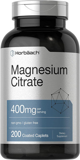 Magnesium Citrate | 400mg | 200 Coated Caplets | Vegetarian, Non-GMO, and Gluten Free Supplement | by Horbaach