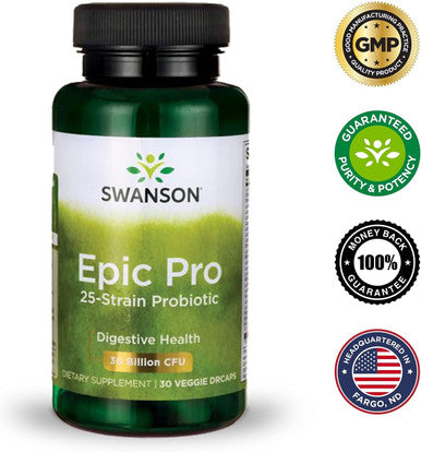 Swanson Epic-Pro 25-Strain Probiotic 30 Billion CFU Digestive Health Immune System Support Prebiotic Nutraflora FOS 30 DRcaps Veggie Capsules (Caps)
