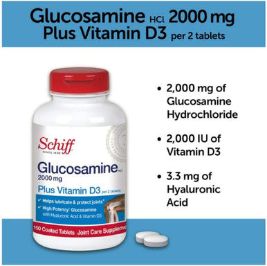 Schiff Glucosamine 2000mg with Vitamin D3 and Hyaluronic Acid 150 Tablets - Joint Supplement (Pack of 3)