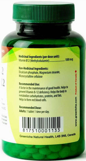 Greeniche Vitamin B 12 - 120 Tablets - Helps in Vitamin B-12 Deficiency - Helps in Red Blood Cell Formulation - Metabolize Carbohydrates, Proteins & Fats Free From Gluten, Soy & Dairy Non GMO