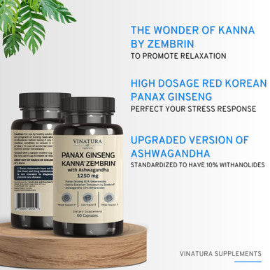 Vinatura Ashwagandha Korean Ginseng Kanna Zembrin - 1250Mg Per Serv *Brain Health, Stress Relief Support* Sceletium Tortuosum Pan