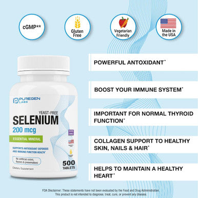 Puregen Labs Selenium 200 Mcg Yeast Essential Mineral - 500 Vegetarian Tablets Immune & Antioxidant Support Non-Gmo, Gluten Free, Made In Usa