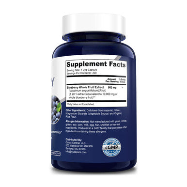 NusaPure Blueberry Concentrate 10,000mg Equivalent per caps.200 Veggie Powder caps (Extract 20:1, 100% Vegetarian, Non-GMO & )