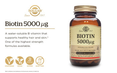 Solgar Biotin 5000 Mcg - 50 Vegetable Capsules - Supports Healthy Skin Nails & Hair - Non-Gmo Vegan Gluten Free Dairy Free Kosher - 50 Servings