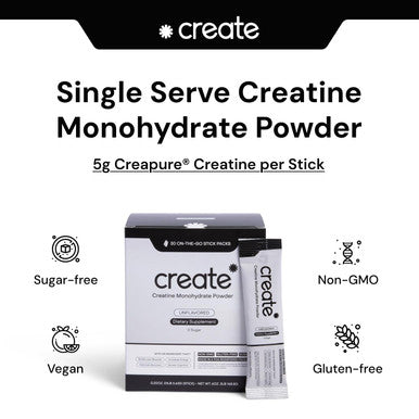 Create Single Serve Creatine Monohydrate Powder 5g Creapure Creatine | Redefining Strength Energy & Recovery | Sugar-Free Vegan Non-GMO | Unflavored Lightly Sweetened 0 Calories | 30 Packets