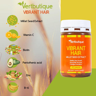 Vibrant Hair - For Natural Growth, Strenght,Shine- Hair Growth Product For Men & Women -Supplement With Millet Seed, Vitamin C, Biotin, Zinc, Pantothenic Acid -120 Easy Swallow Capsules.