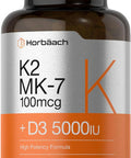 Horbaach Vitamin D3 K2 | 5000Iu Of Vitamin D & 100Mcg Mk-7 Complex | 180 Softgel Capsules | Non-Gmo & Gluten Free Supplement