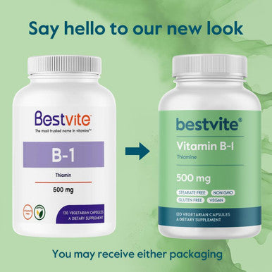 Bestvite Vitamin B-1 (Thiamin) 500mg (240 Vegetarian Capsules) (2 x120) - No Stearates - Vegan - No Calcium Carbonate - Non GMO - Gluten - No Silicon Dioxide