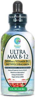 ULTRA MAX B12 | Max Potency 5000mcg Vitamin B12 Sublingual Liquid Drops | Methyl B12 (Methylcobalamin) | Max 98% Absorption Rate | Increase Energy & Metabolism*| Vegan, Non-GMO, Strawberry flavor -4oz
