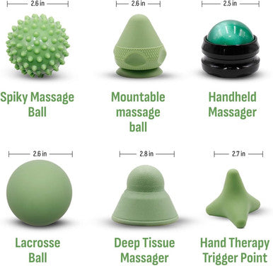 Physical Therapy Pain Relief Massage Ball Set For Trigger Point Release - Myofascial Release Tool & Deep Tissue Massage Set Of 6 Pieces - Lacrosse, Spiky, Hand Roller & Mountable Self Massage Ball