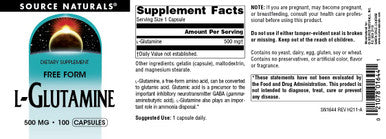 Source s L-Glutamine, Free Form Amino That Supports Metabolic Energy*, 500mg - 100 Capsules