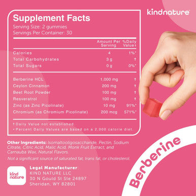 kindnature Kind Nature Berberine Gummies 1000mg with Ceylon Cinnamon & Resveratrol ÃƒÂ¢Ã¢â€šÂ¬Ã¢â‚¬Å“ Sugar-Free Vegan Supplement for Blood Sugar Support Metabolism Cravings Wellness Non GMO Gluten Free