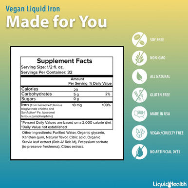 Liquidhealth Vegan Liquid Iron Supplement with SunActive & Ferrochel Iron - Natural Energy Immune System & Metabolic Support Increase Mental Clarity Prenatal/Postnatal - Non-GMO Sugar (16 oz)