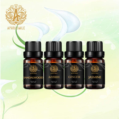 Aromatherapy Sandalwood Essential Oil Set for Diffuser, 100% Pure Jasmine Essential Oil Kit for Humidifier, 4x10ml Therapeutic Grade Myrrh Oil Set-Sandalwood Jasmine Myrrh Ginger Oil, Pure Ginger Oil