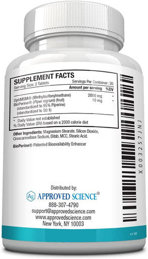 Approved Science MSM High Absorption OptiMSM 2000 mg Promote Joint and Muscle Health Boost Immunity Support Skin Health Fast Absorption Vegan 60 Tablets NonGMO Made in The USA