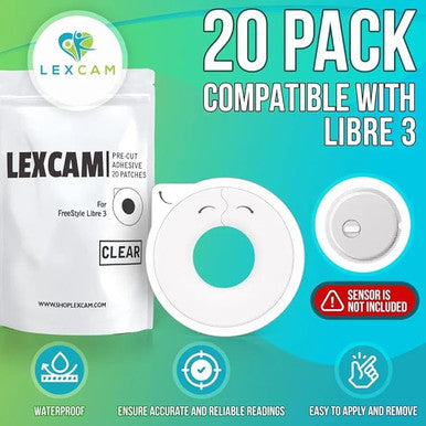 Adhesive Freestyle Libre 3 Only Sensor Covers Pack of 20 Patches, Waterproof, Transparent Cover w/Hole in Middle for Continuous Glucose Monitoring Device, Sensor is NOT Included