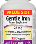 Webber Naturals Gentle Iron Supplement with Vitamin C B12 and Folic Acid 28 mg 150 Capsules StomachFriendly NonConstipating Helps Prevent Iron Deficiency Anemia