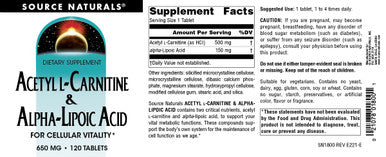 Source s Acetyl L-Carnitine & Alpha-Lipoic 650mg - 120 Tablets