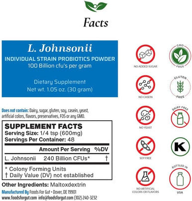Foods For Gut Lactobacillus Johnsonii Probiotic Powder 100 Billion Cfu'S | Digestive & Immune Support | High Potency | L. Johnsonii (30 Gram)