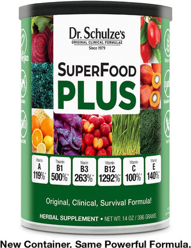 Dr. Schulzes SuperFood Plus Vitamin and Mineral Herbal Concentrate Daily Nutrition GlutenFree and NonGMO Vegan 14 Ounce Powder Packaging May Vary