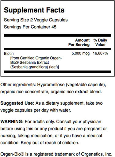 Swanson Real Food Biotin Vitamin B-7 Hair Skin Nail Metabolism Health from Organic Hummingbird Tree Vegan Gluten- Non-GMO B7 5000 mcg 90 Veggie (Caps)